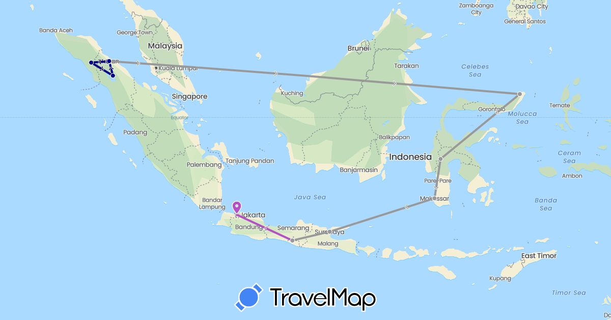 TravelMap itinerary: driving, plane, train in Indonesia (Asia)